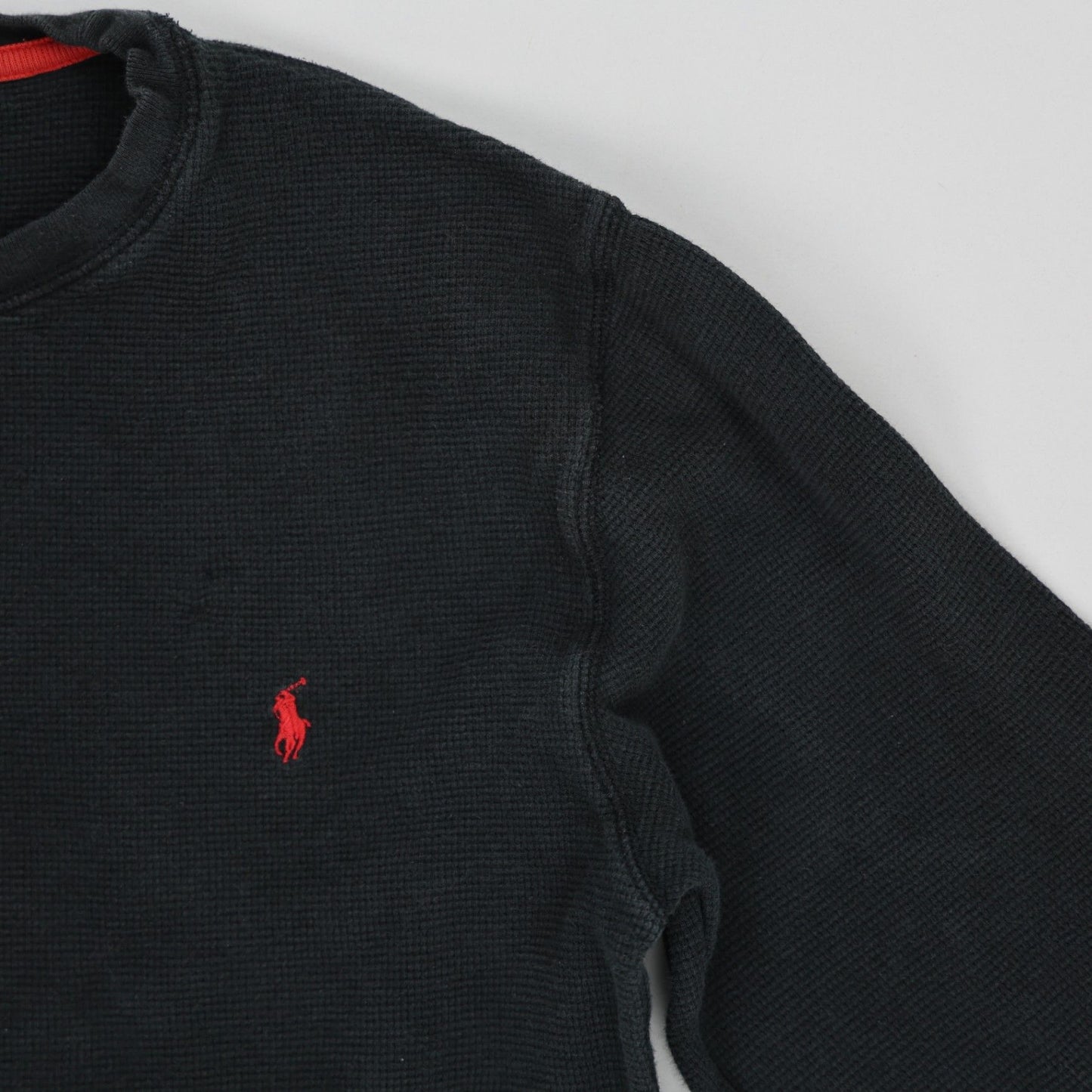 Polo Ralph Lauren Black Cotton Waffle Knit Sweatshirt Men's Medium Crew Neck Long Sleeve