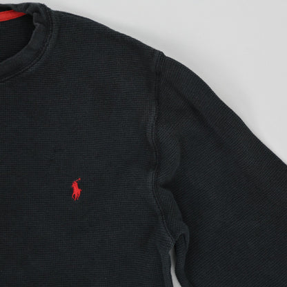 Polo Ralph Lauren Black Cotton Waffle Knit Sweatshirt Men's Medium Crew Neck Long Sleeve