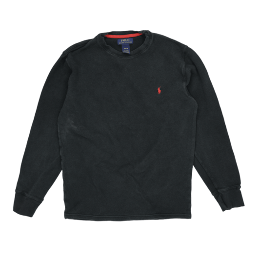 Polo Ralph Lauren Black Cotton Waffle Knit Sweatshirt Men's Medium Crew Neck Long Sleeve