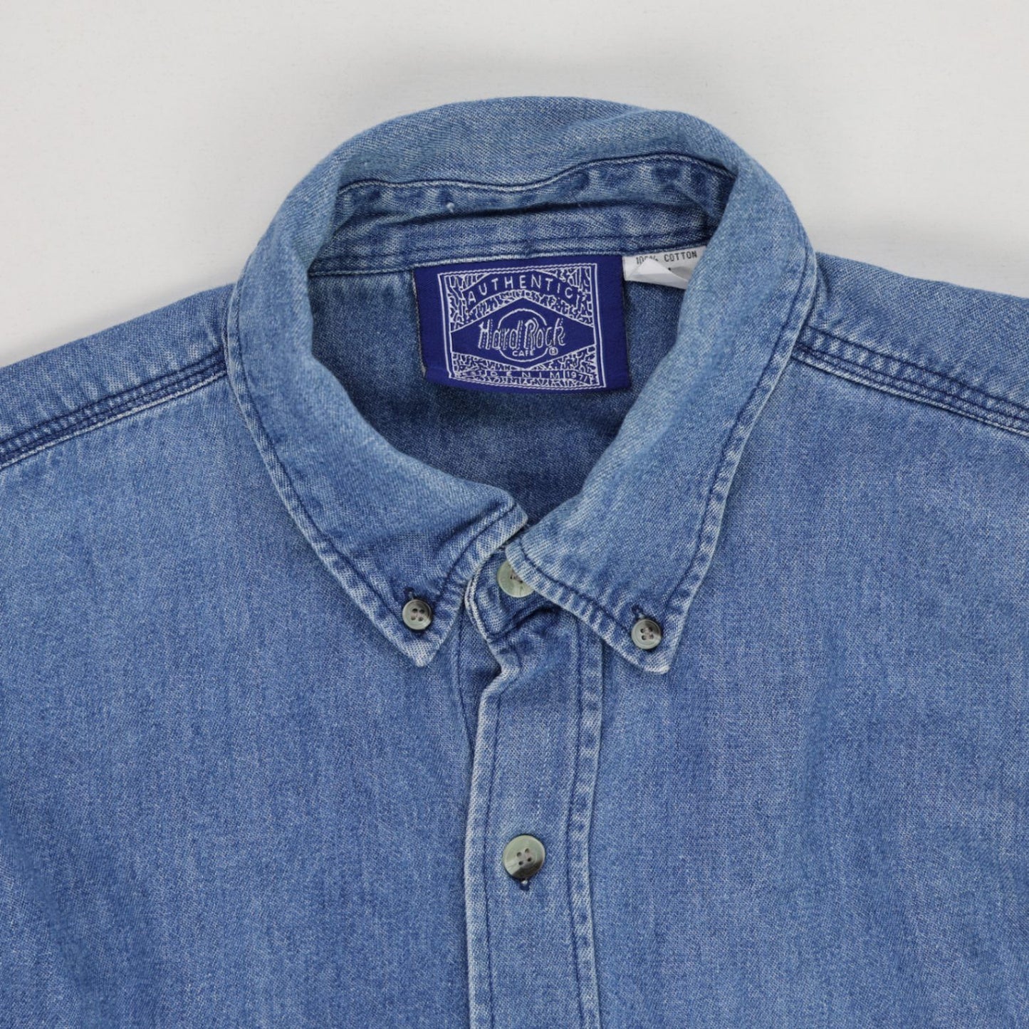 Hard Rock Cafe Vintage Blue Button Up Shirt Large Cotton Long Sleeve Collared