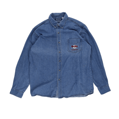 Hard Rock Cafe Vintage Blue Button Up Shirt Large Cotton Long Sleeve Collared