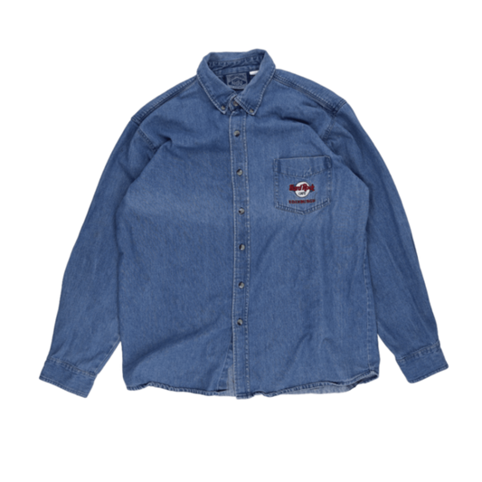Hard Rock Cafe Vintage Blue Button Up Shirt Large Cotton Long Sleeve Collared