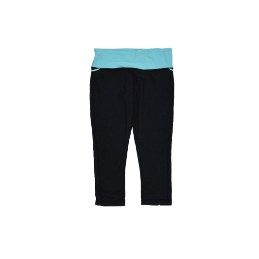Lululemon Athletica Black Aqua Foldover Waist Cropped Leggings Size 10 Stretch Cotton Blend