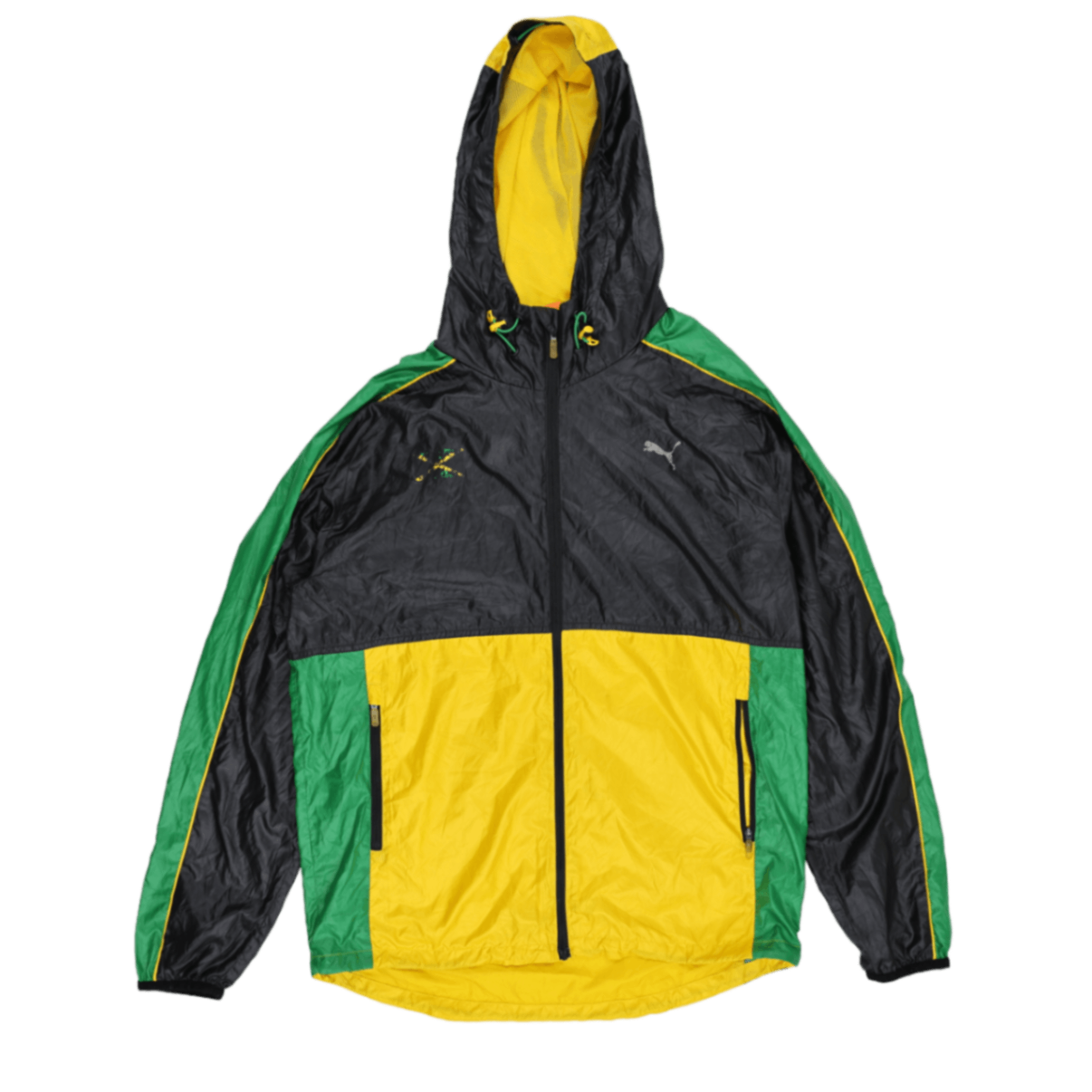 PUMA Jamaica Track Jacket Black Yellow Green Large Polyester Hooded Vintage