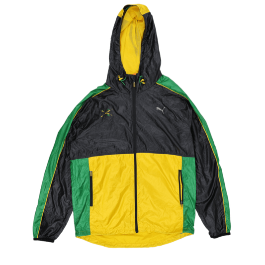 PUMA Jamaica Track Jacket Black Yellow Green Large Polyester Hooded Vintage