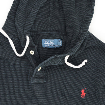 Polo Ralph Lauren Black Hooded Sweatshirt Men's Medium Cotton Blend Vintage Waffle Knit