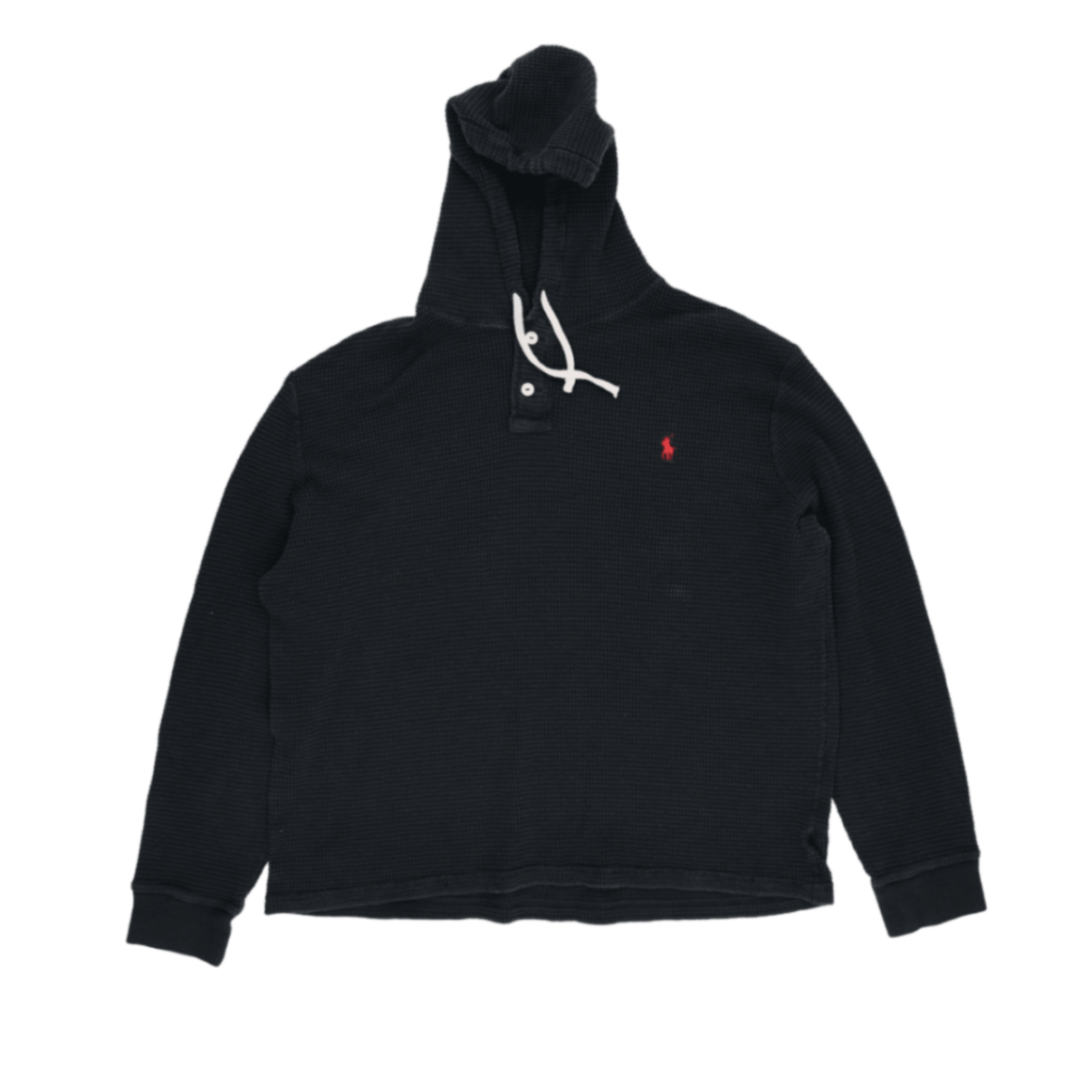 Polo Ralph Lauren Black Hooded Sweatshirt Men's Medium Cotton Blend Vintage Waffle Knit