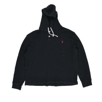 Polo Ralph Lauren Black Hooded Sweatshirt Men's Medium Cotton Blend Vintage Waffle Knit