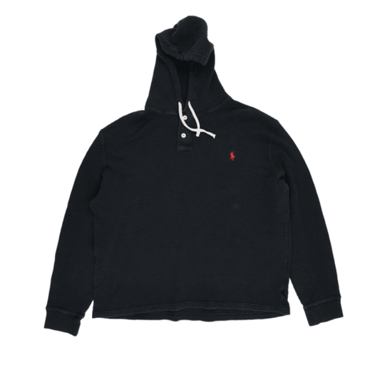 Polo Ralph Lauren Black Hooded Sweatshirt Men's Medium Cotton Blend Vintage Waffle Knit