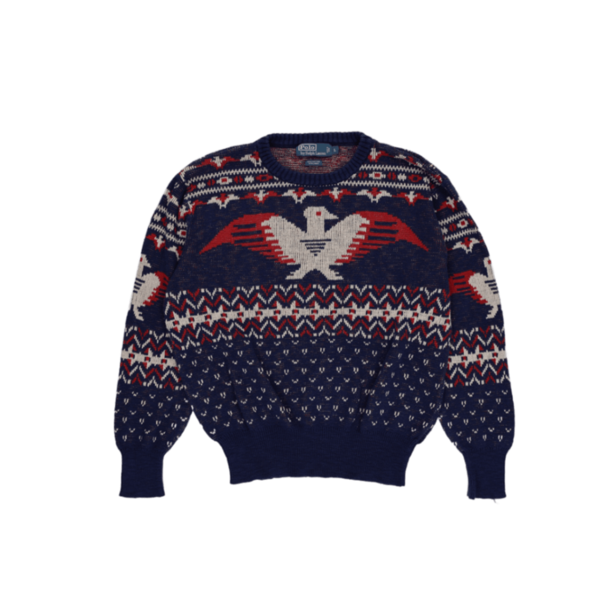 Ralph Lauren Eagle Knit Jumper Navy Blue Red White Large 63 Cotton 37 Linen Crew Neck Vintage Excellent Condition