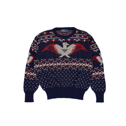 Ralph Lauren Eagle Knit Jumper Navy Blue Red White Large 63 Cotton 37 Linen Crew Neck Vintage Excellent Condition
