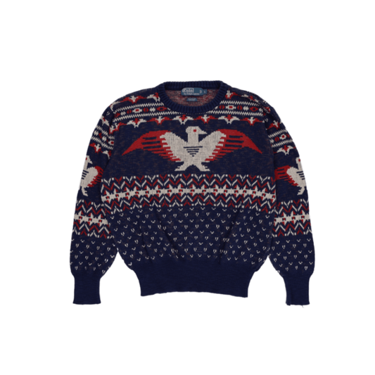 Ralph Lauren Eagle Knit Jumper Navy Blue Red White Large 63 Cotton 37 Linen Crew Neck Vintage Excellent Condition