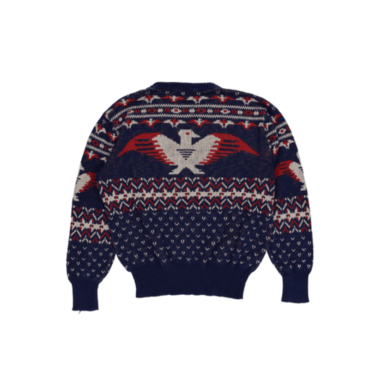 Ralph Lauren Eagle Knit Jumper Navy Blue Red White Large 63 Cotton 37 Linen Crew Neck Vintage Excellent Condition