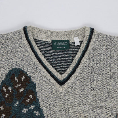 Canda Vintage Golf Graphic Knit V-Neck Jumper Grey Blue Brown Large Acrylic