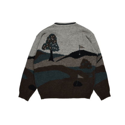 Canda Vintage Golf Graphic Knit V-Neck Jumper Grey Blue Brown Large Acrylic