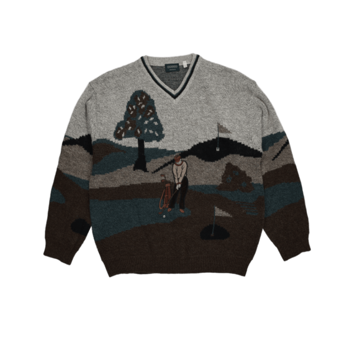 Canda Vintage Golf Graphic Knit V-Neck Jumper Grey Blue Brown Large Acrylic