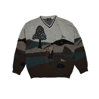 Canda Vintage Golf Graphic Knit V-Neck Jumper Grey Blue Brown Large Acrylic