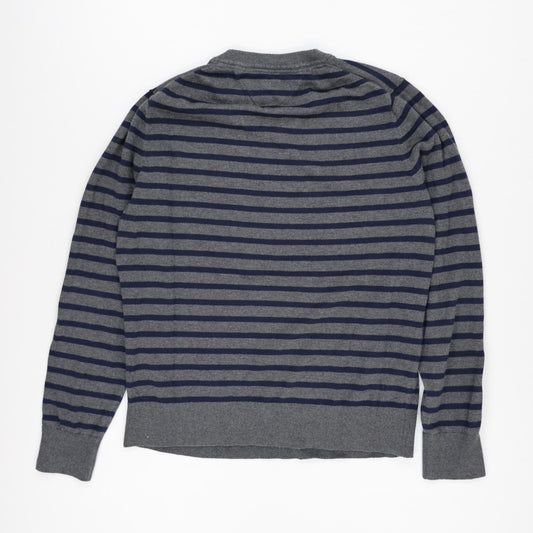 Tommy Hilfiger Men's Grey Navy Striped V-Neck Pullover Jumper Size L Cotton Blend