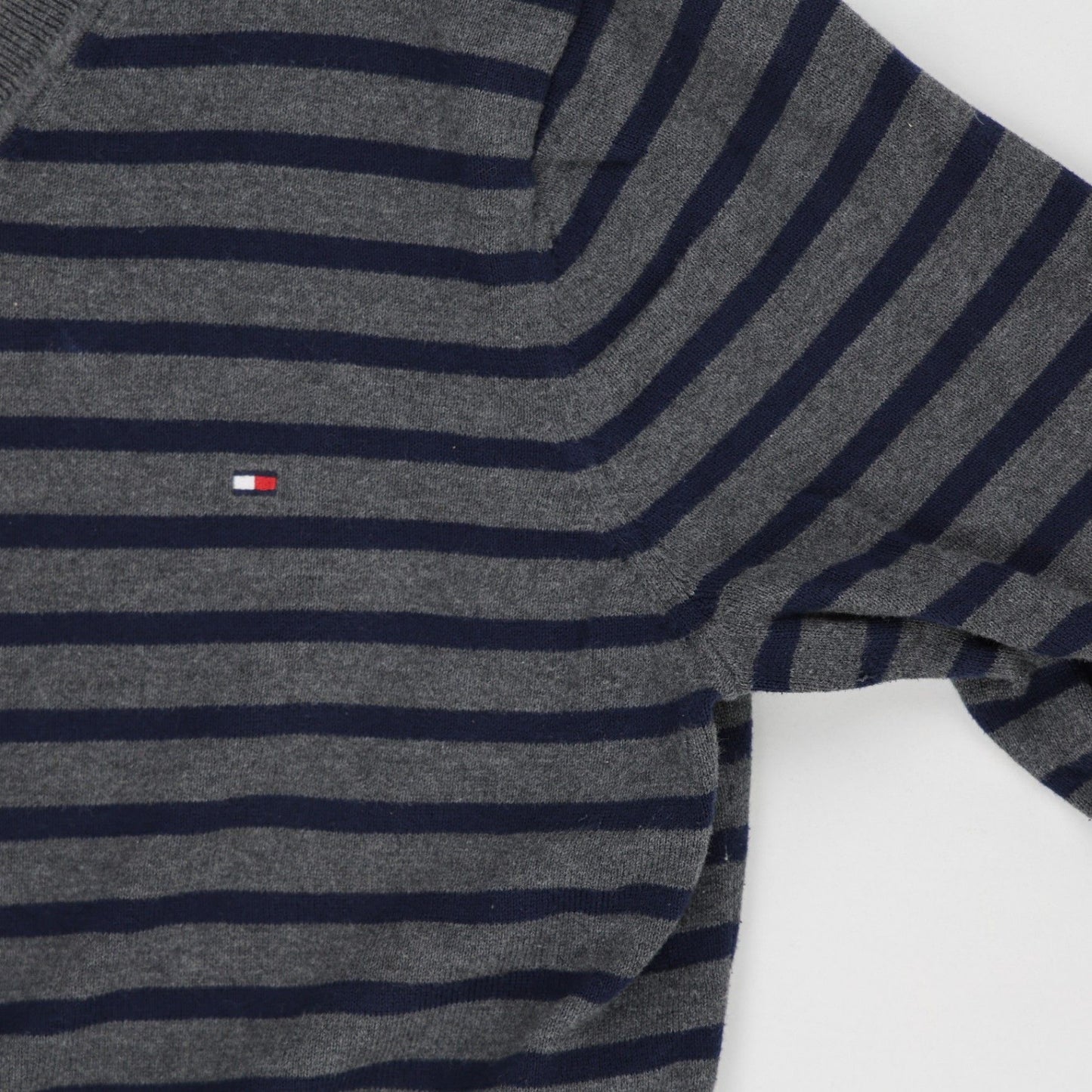 Tommy Hilfiger Men's Grey Navy Striped V-Neck Pullover Jumper Size L Cotton Blend
