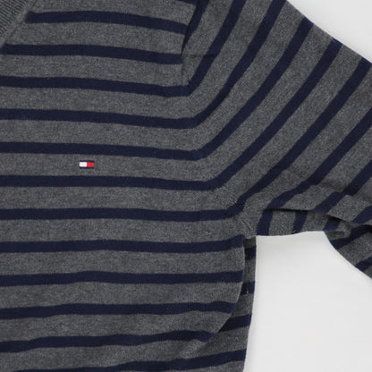 Tommy Hilfiger Men's Grey Navy Striped V-Neck Pullover Jumper Size L Cotton Blend