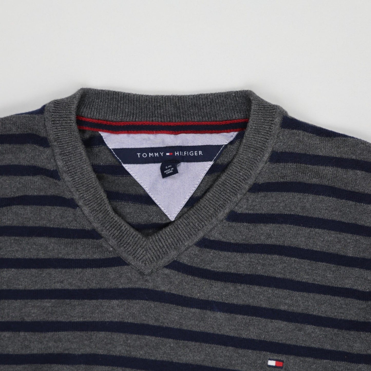 Tommy Hilfiger Men's Grey Navy Striped V-Neck Pullover Jumper Size L Cotton Blend