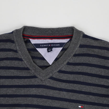 Tommy Hilfiger Men's Grey Navy Striped V-Neck Pullover Jumper Size L Cotton Blend