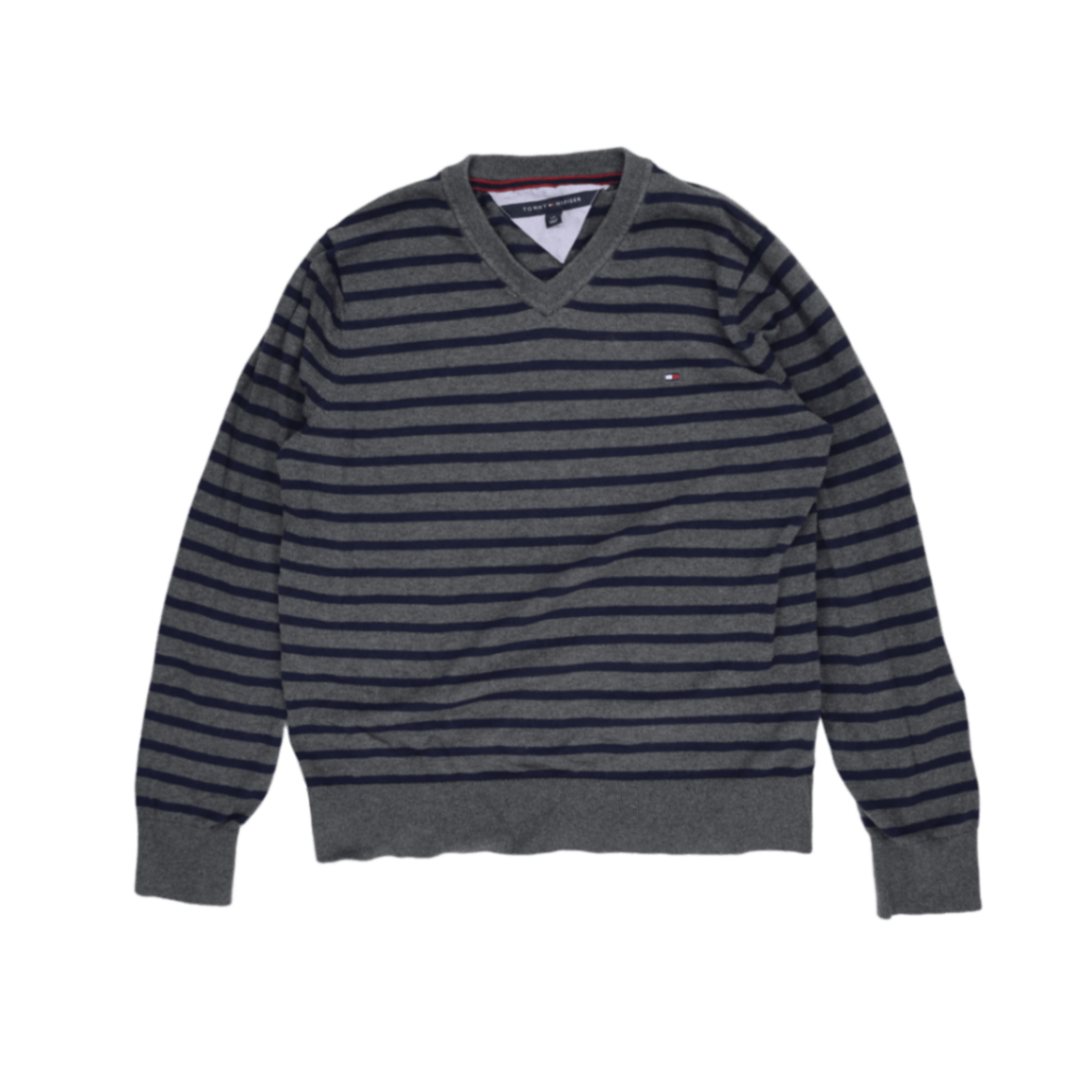 Tommy Hilfiger Men's Grey Navy Striped V-Neck Pullover Jumper Size L Cotton Blend