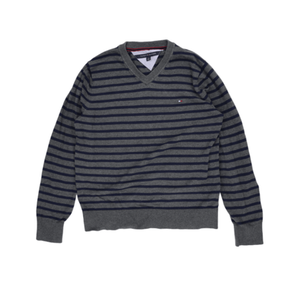Tommy Hilfiger Men's Grey Navy Striped V-Neck Pullover Jumper Size L Cotton Blend