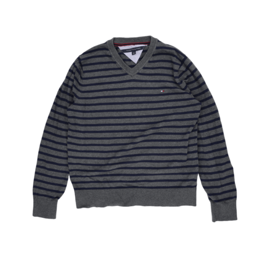 Tommy Hilfiger Men's Grey Navy Striped V-Neck Pullover Jumper Size L Cotton Blend