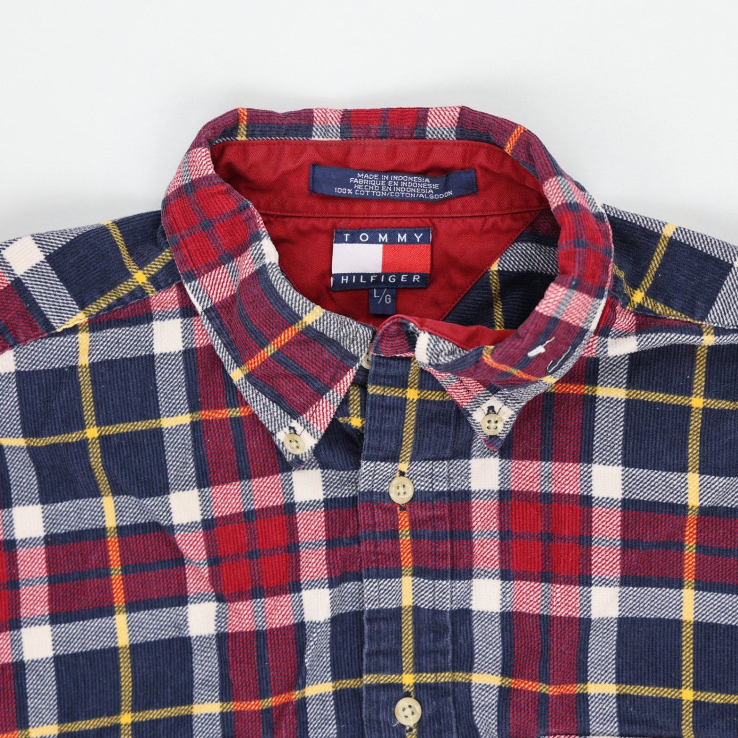 Tommy Hilfiger Men's Checked Cotton Cord Shirt Red Blue Yellow L 100% Cotton Casual Collared