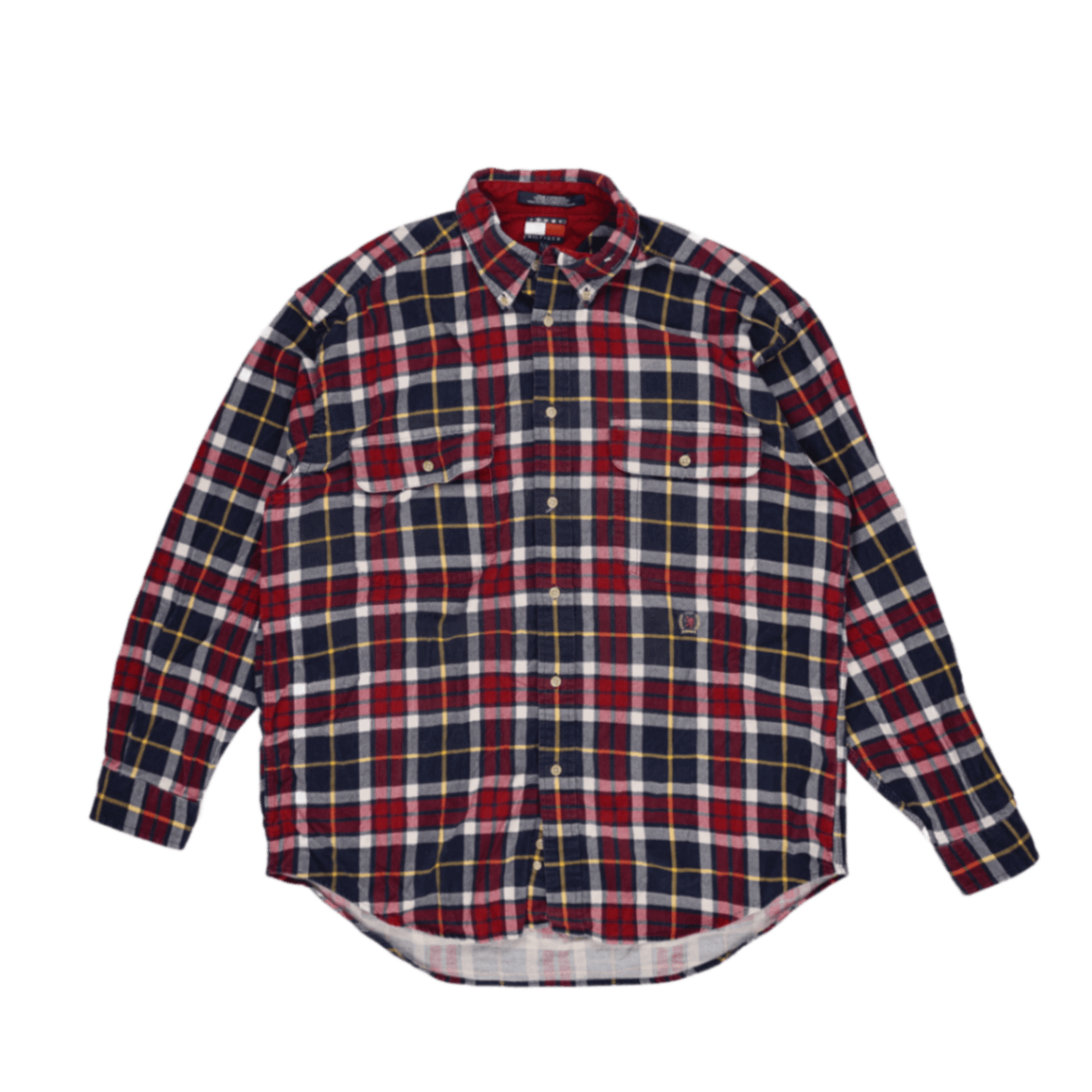 Tommy Hilfiger Men's Checked Cotton Cord Shirt Red Blue Yellow L 100% Cotton Casual Collared