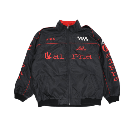 Alpha Karting Racing Bomber Jacket Black Red Large Polyester Vintage Stand Collar