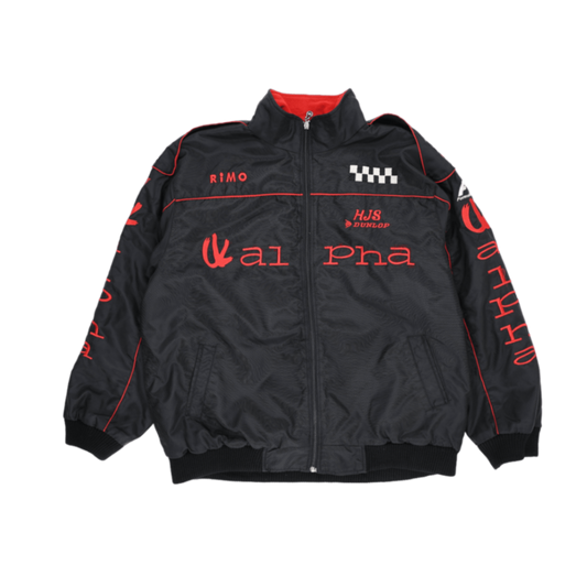 Alpha Karting Racing Bomber Jacket Black Red Large Polyester Vintage Stand Collar