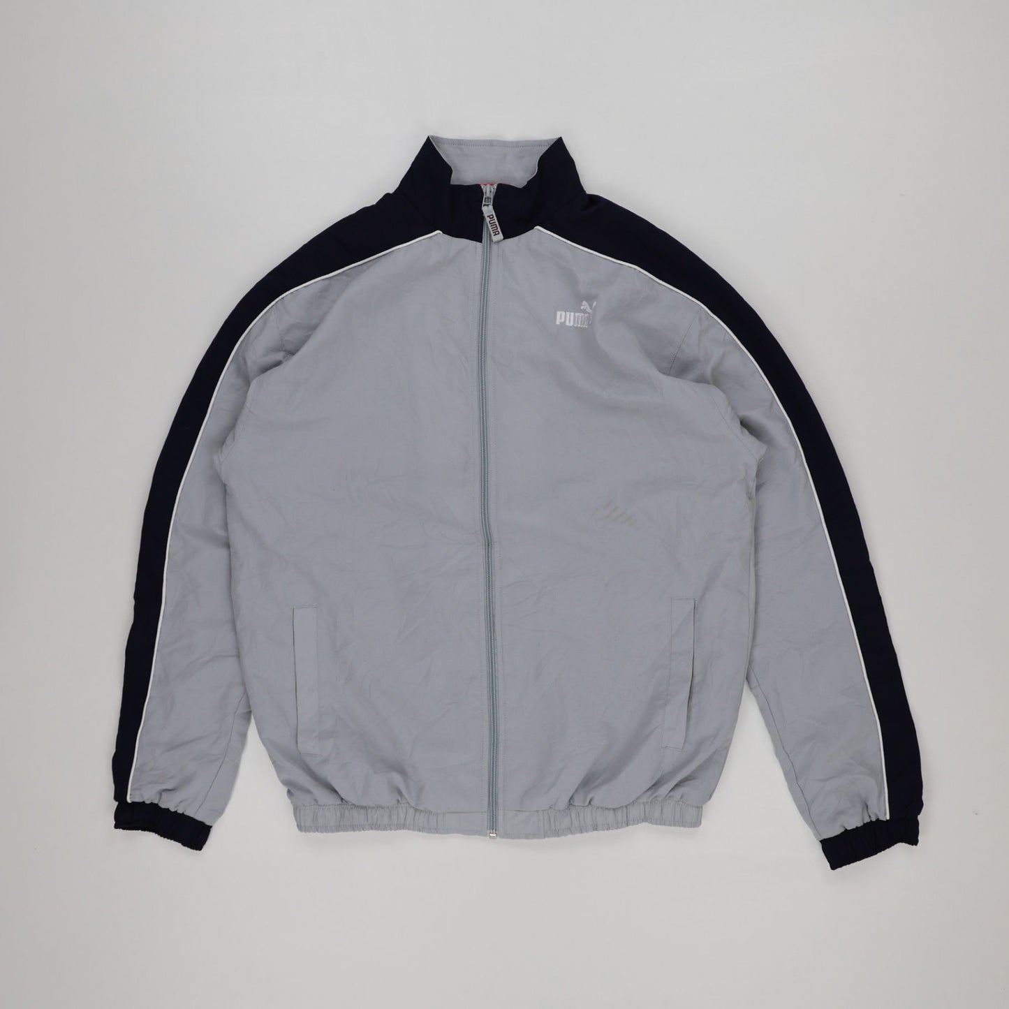 PUMA Vintage Grey Black Full Zip Lightweight Track Jacket Men Size Large Nylon Polyester