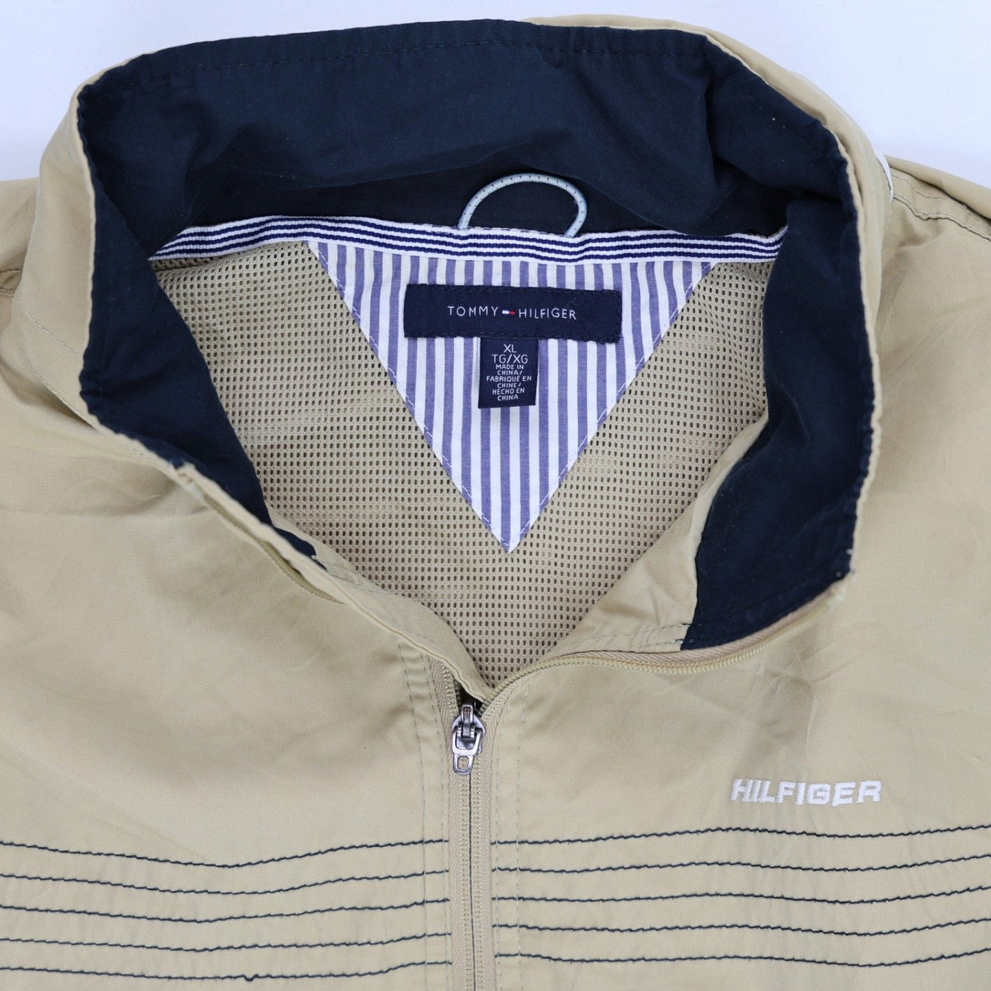 Tommy Hilfiger Khaki Windbreaker Jacket for Men XL Nylon Stand Collar