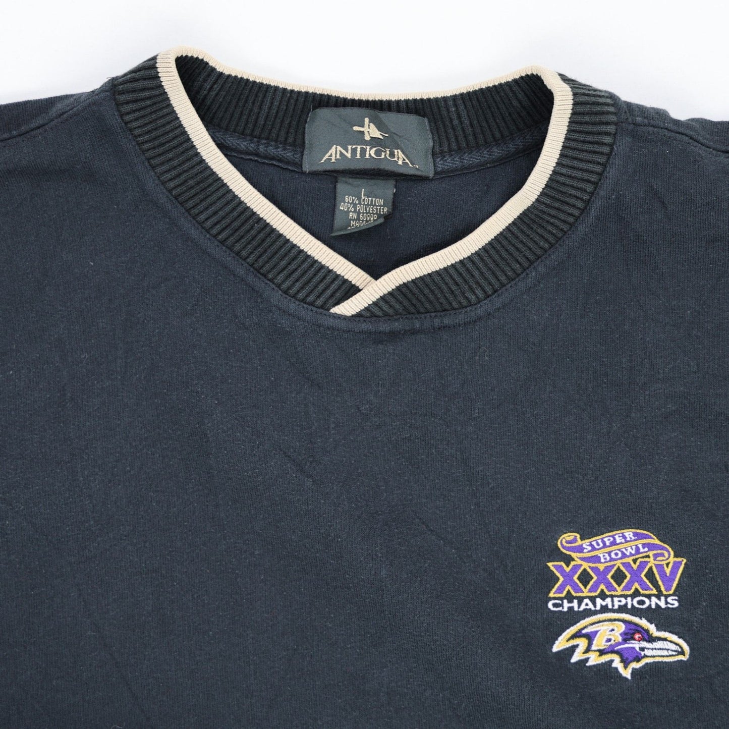 Antigua Baltimore Ravens Super Bowl XXXV Champions Vintage Pullover Sweatshirt Navy Large 60 Cotton 40 Polyester