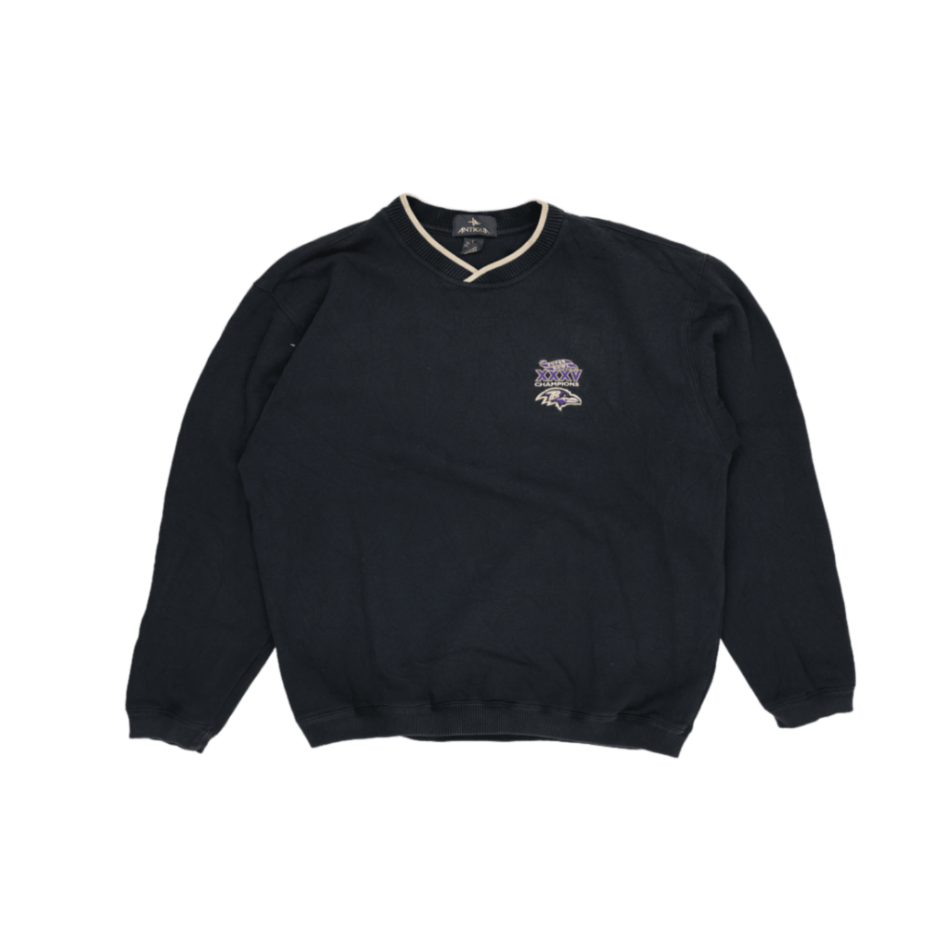 Antigua Baltimore Ravens Super Bowl XXXV Champions Vintage Pullover Sweatshirt Navy Large 60 Cotton 40 Polyester
