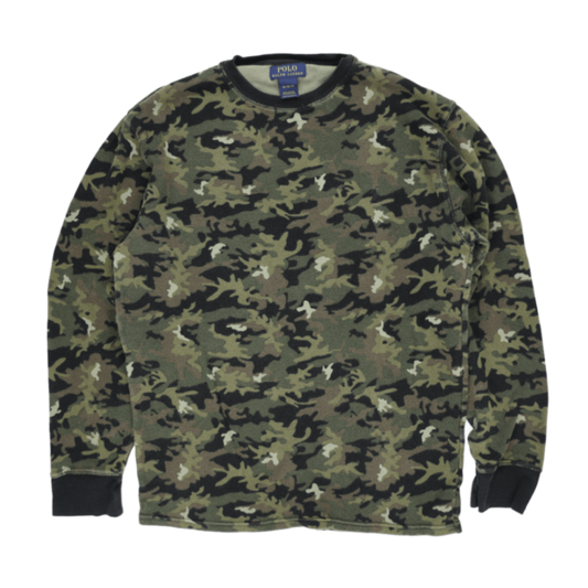 Polo Ralph Lauren Army Green Black Camouflage Crew Neck Long Sleeve Sweatshirt XL 100 Percent Cotton