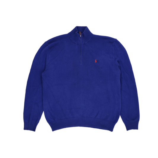 Ralph Lauren Half Zip Jumper Blue Large Cotton High Neck Collar