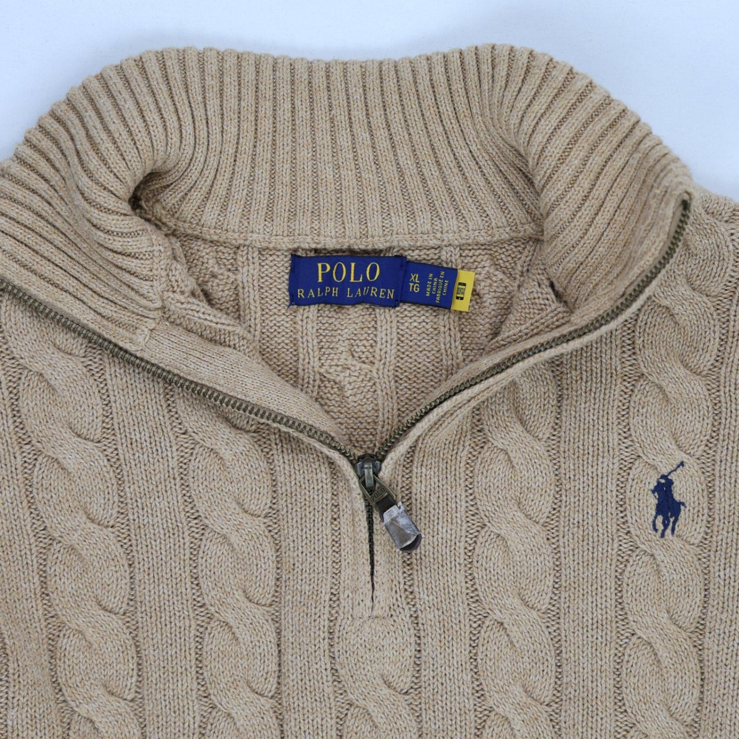 Polo Ralph Lauren XL Beige Cable Knit 1/4 Zip Mock Neck Jumper Cotton Wool Blend