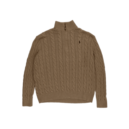Polo Ralph Lauren XL Beige Cable Knit 1/4 Zip Mock Neck Jumper Cotton Wool Blend