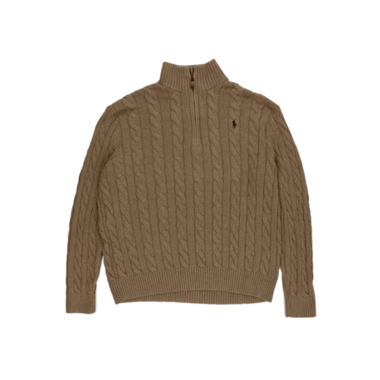 Polo Ralph Lauren XL Beige Cable Knit 1/4 Zip Mock Neck Jumper Cotton Wool Blend