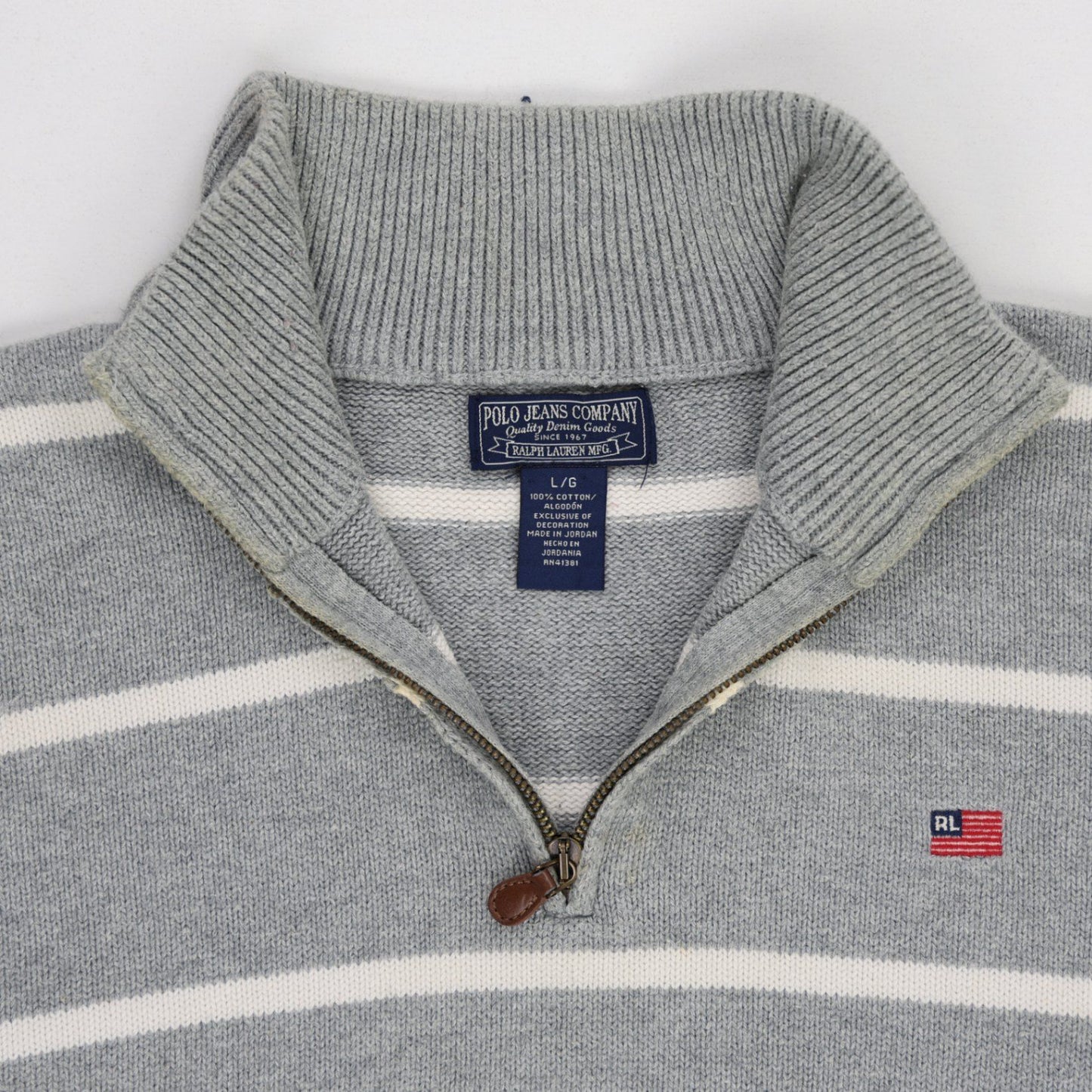 Polo Jeans Company Ralph Lauren Grey Striped Quarter Zip Knit Jumper Large 100 Percent Cotton Vintage High Neck