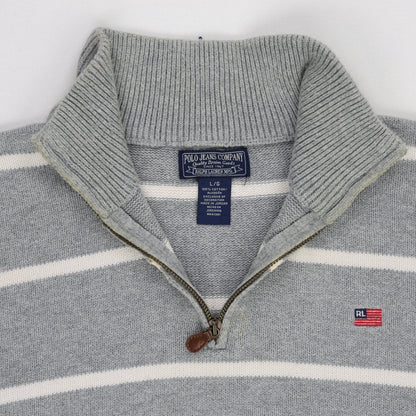 Polo Jeans Company Ralph Lauren Grey Striped Quarter Zip Knit Jumper Large 100 Percent Cotton Vintage High Neck