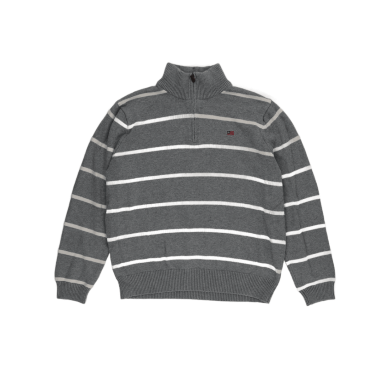 Polo Jeans Company Ralph Lauren Grey Striped Quarter Zip Knit Jumper Large 100 Percent Cotton Vintage High Neck