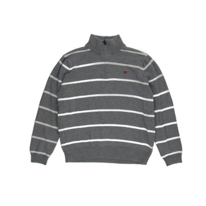Polo Jeans Company Ralph Lauren Grey Striped Quarter Zip Knit Jumper Large 100 Percent Cotton Vintage High Neck