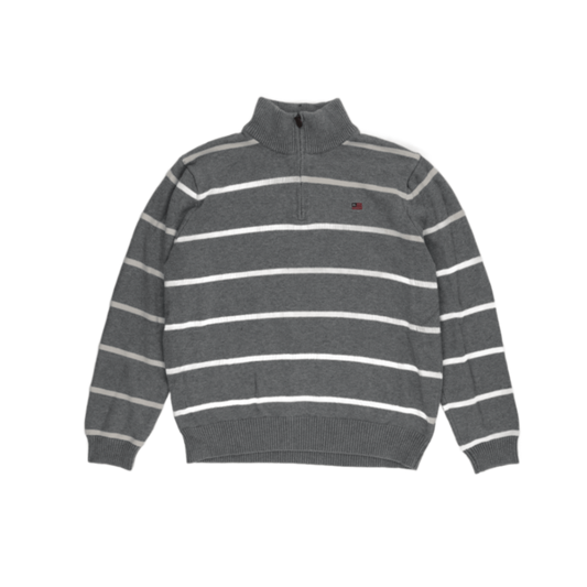 Polo Jeans Company Ralph Lauren Grey Striped Quarter Zip Knit Jumper Large 100 Percent Cotton Vintage High Neck