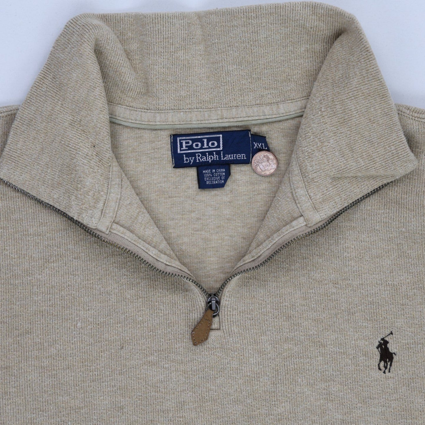 Ralph Lauren XXL Beige Quarter Zip Sweatshirt 100% Cotton Mens Knitwear