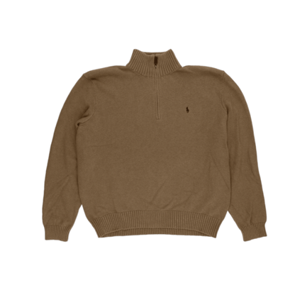 Ralph Lauren 1/4 Zip Jumper Camel Brown XL 100% Cotton Vintage High Neck