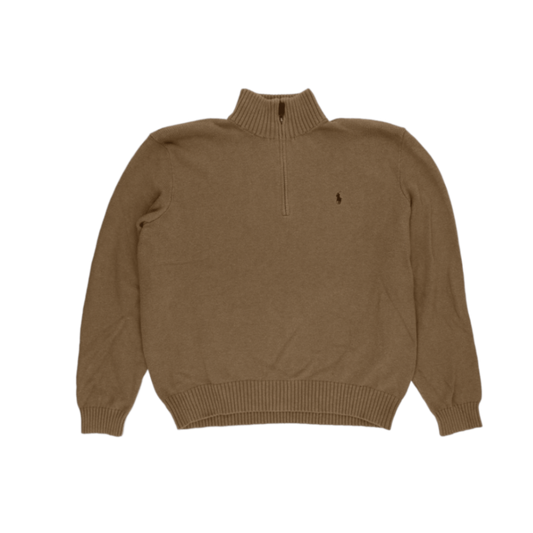 Ralph Lauren 1/4 Zip Jumper Camel Brown XL 100% Cotton Vintage High Neck